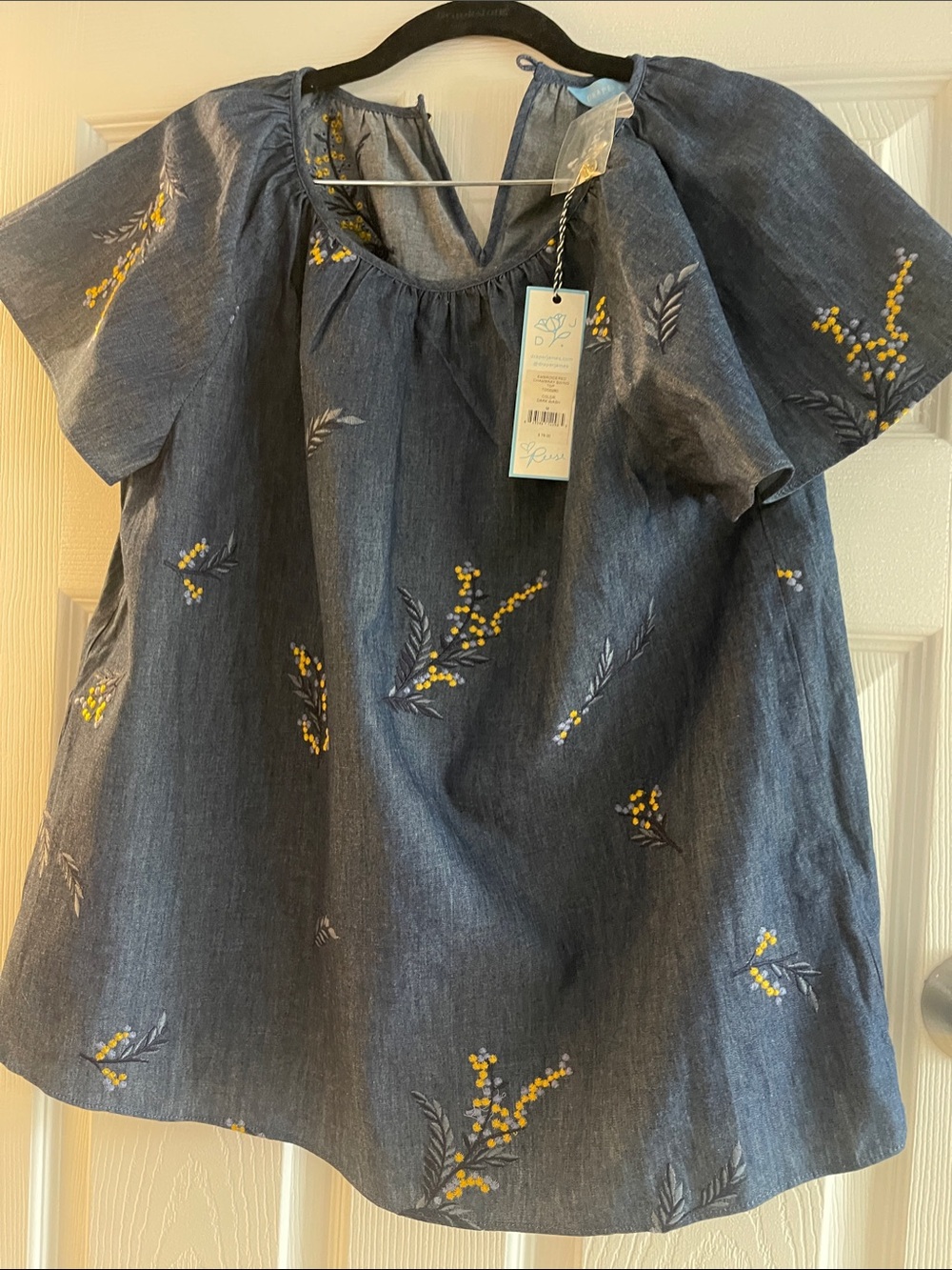Draper James Blue Chambray Embroidered Yellow Sprig Peasant Blouse
